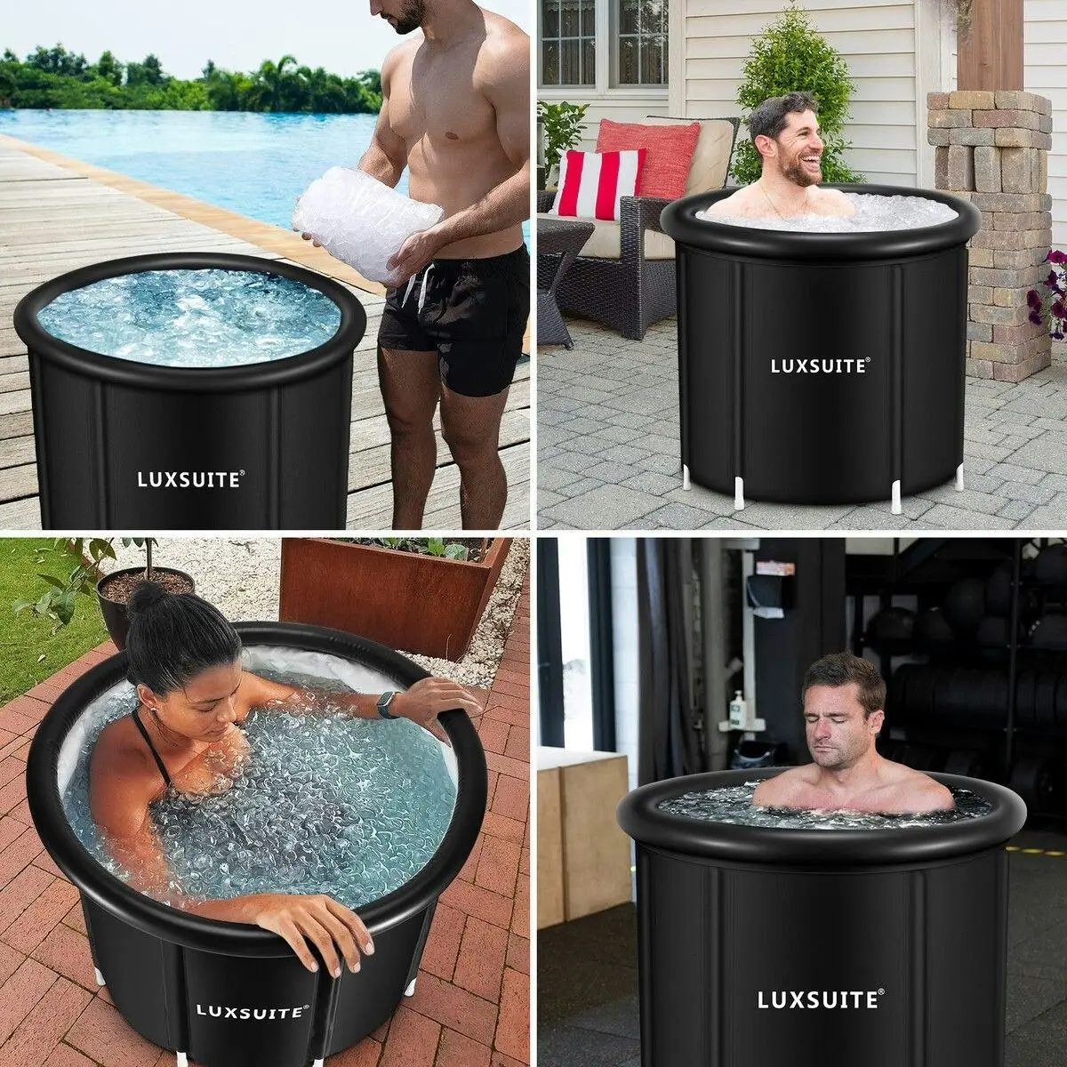 LUXSUITE Portable Ice Bath Tub 300L Inflatable Hot Bathtub SPA Massage Athletes Cold Water Therapy Adult Soaking Folding Outdoor Plunge Large Black 80x71cm