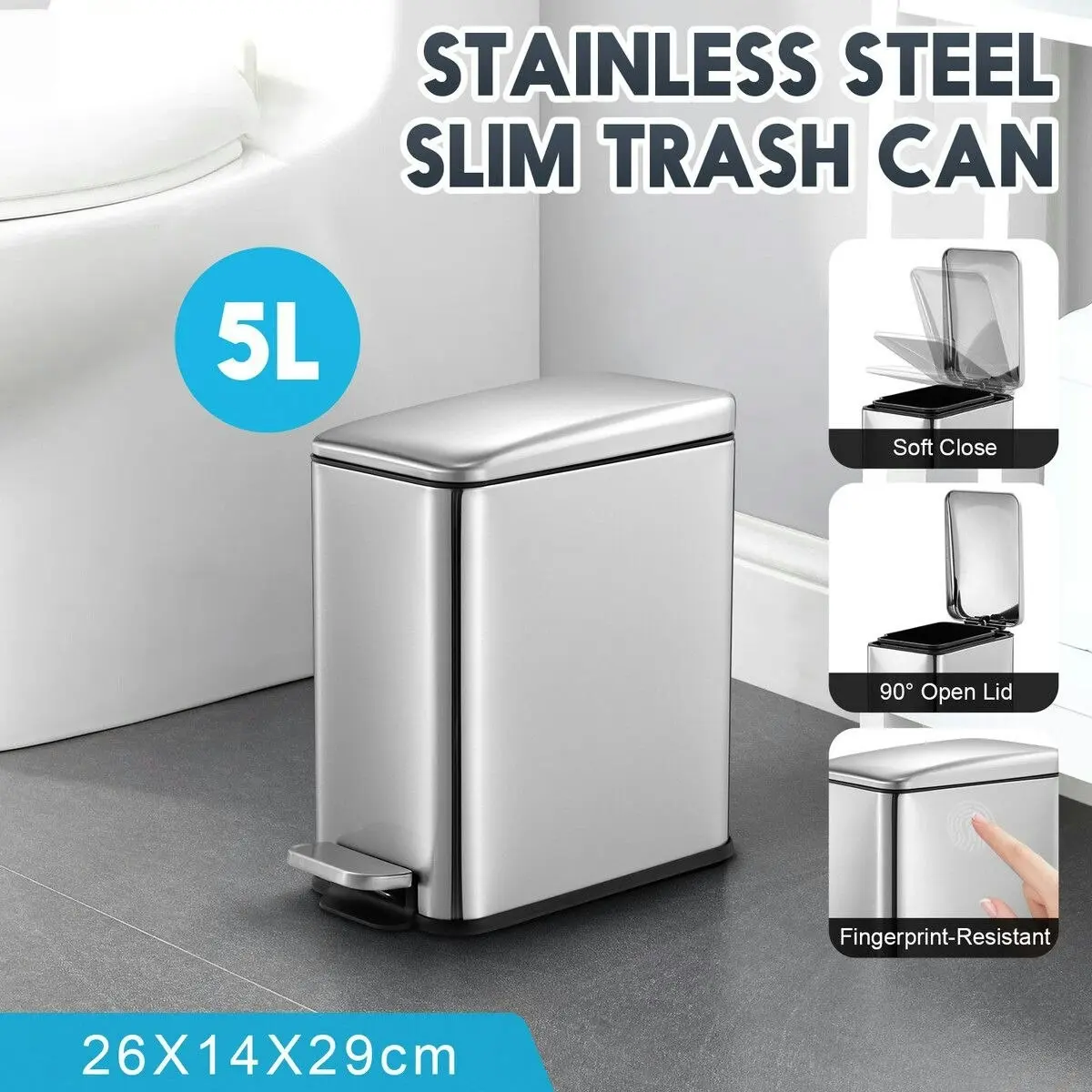 Maxkon Small Garbage Can Rubbish Pedal Bin Recycling Trash Waste Stainless Steel Rectangular Trashcan Soft Closing Kitchen House Indoor 5L