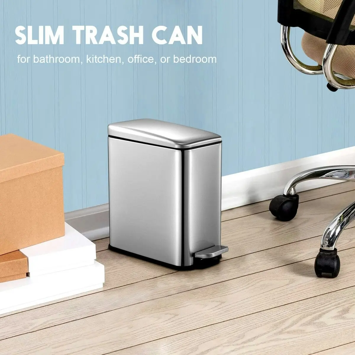 Maxkon Small Garbage Can Rubbish Pedal Bin Recycling Trash Waste Stainless Steel Rectangular Trashcan Soft Closing Kitchen House Indoor 5L