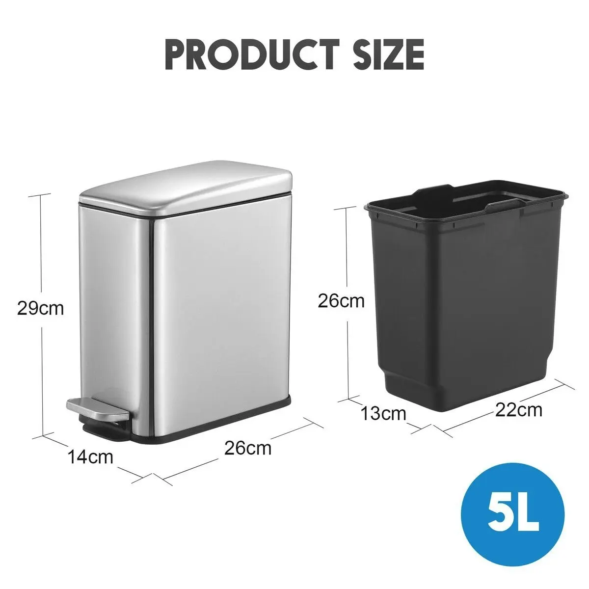 Maxkon Small Garbage Can Rubbish Pedal Bin Recycling Trash Waste Stainless Steel Rectangular Trashcan Soft Closing Kitchen House Indoor 5L