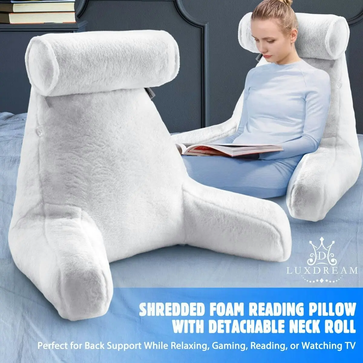 Ausway Sit Up Bed Pillow Set Reading Backrest Lounge Neck Support Husband Cushion Armrest Shredded Memory Foam Plush Fabric