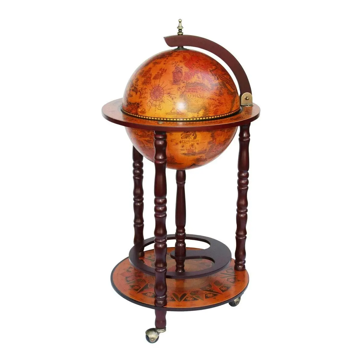 LUXSUITE Antique Globe Bar Cart Cabinet Alcohol Wine Drinks Coffee Serving Trolley Round Bottle Storage Mid-century 44x44x88cm