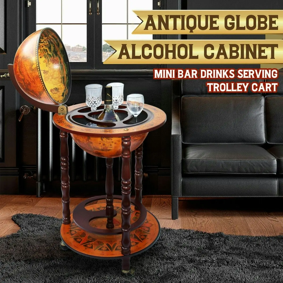 LUXSUITE Antique Globe Bar Cart Cabinet Alcohol Wine Drinks Coffee Serving Trolley Round Bottle Storage Mid-century 44x44x88cm