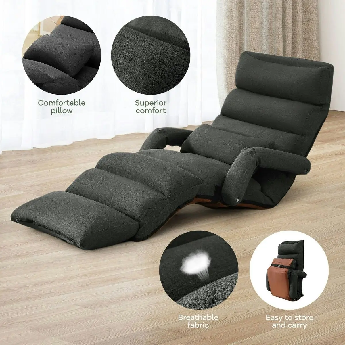 Ausway Floor Sofa Bed Chair Couch Lounge Recliner Folding Ground Lounger Lazy Chaise Seat Adjustable with Arms Pillow Pedal