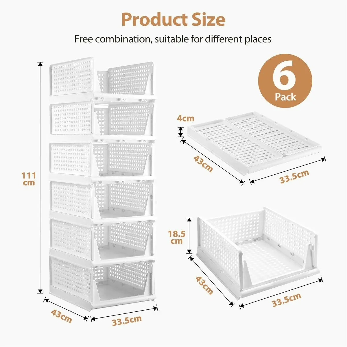 Ausway 6pcs Storage Boxes Plastic Stackable Shoe Container Handbag Closet Clothes Organizer Foldable Drawers Shelf Baskets