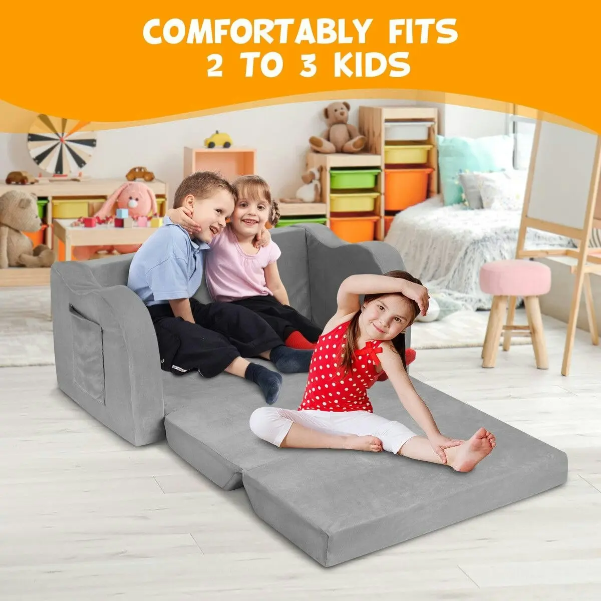 Kidbot Flip Out Kids Sofa 2 In 1 Convertible Couch Lounge Chair Comfy Seater Armchair Backrest Bed Soft Fabric Toddler Playroom