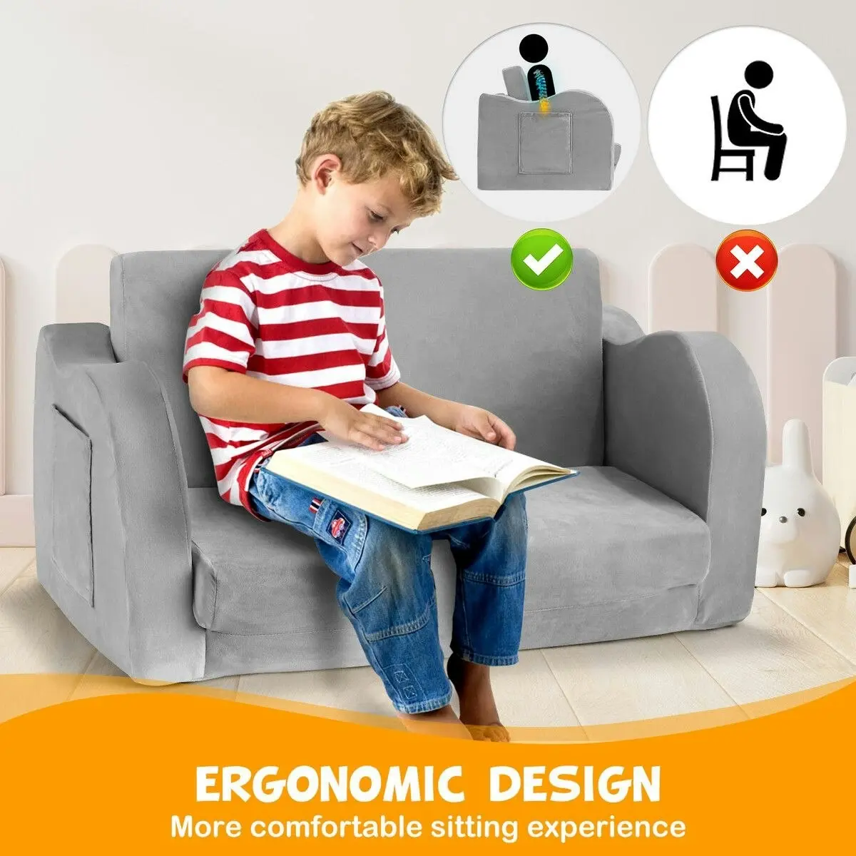 Kidbot Flip Out Kids Sofa 2 In 1 Convertible Couch Lounge Chair Comfy Seater Armchair Backrest Bed Soft Fabric Toddler Playroom