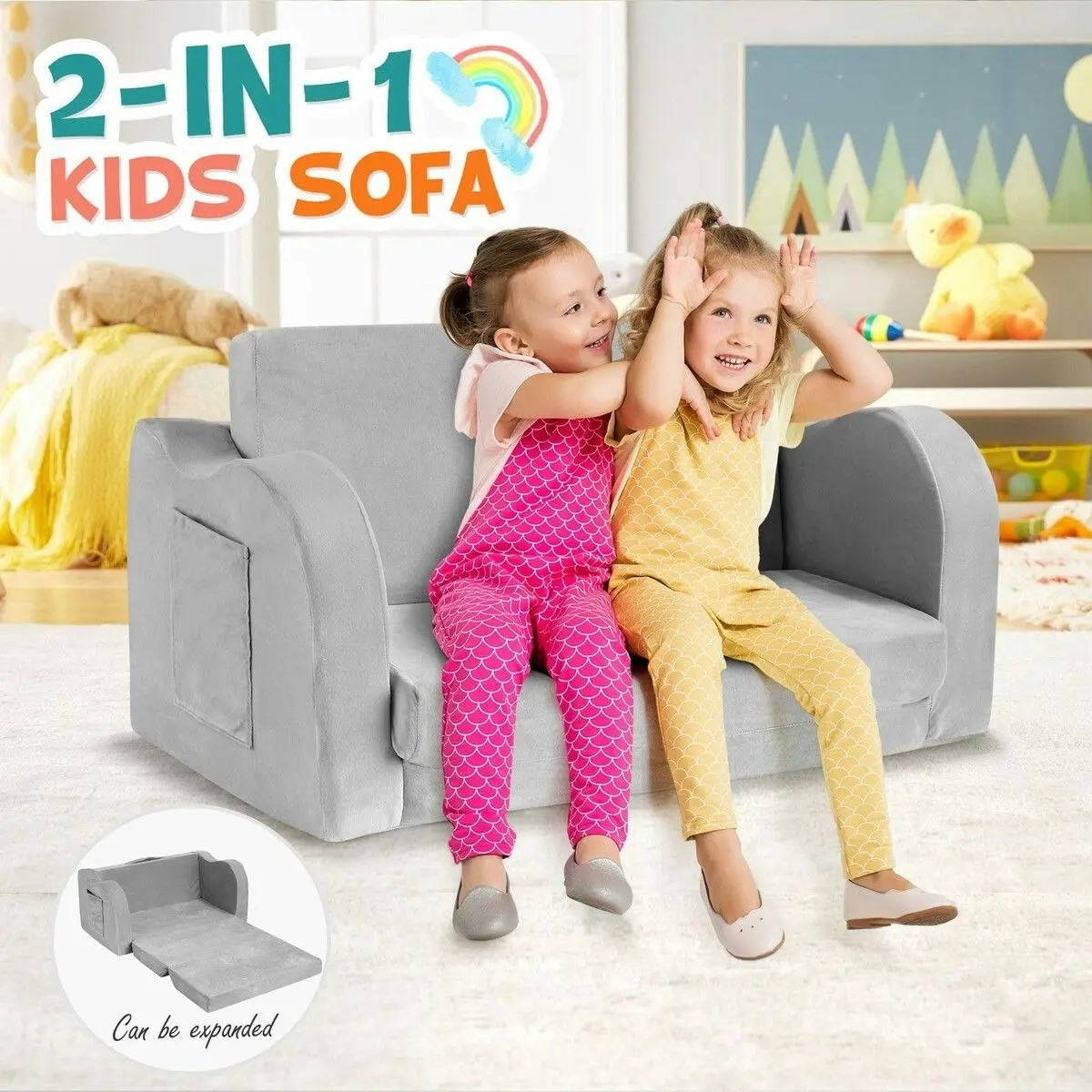 Kidbot Flip Out Kids Sofa 2 In 1 Convertible Couch Lounge Chair Comfy Seater Armchair Backrest Bed Soft Fabric Toddler Playroom