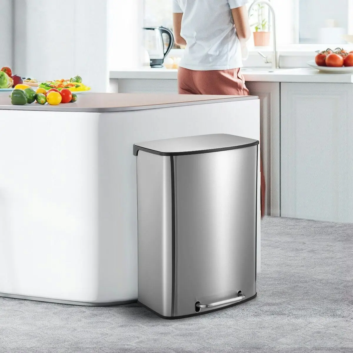 Maxkon 50L Pedal Bin Garbage Can Rubbish Recycling Trash Waste Stainless Steel Rectangular Trashcan Soft Closing Lid Kitchen House Indoor Office