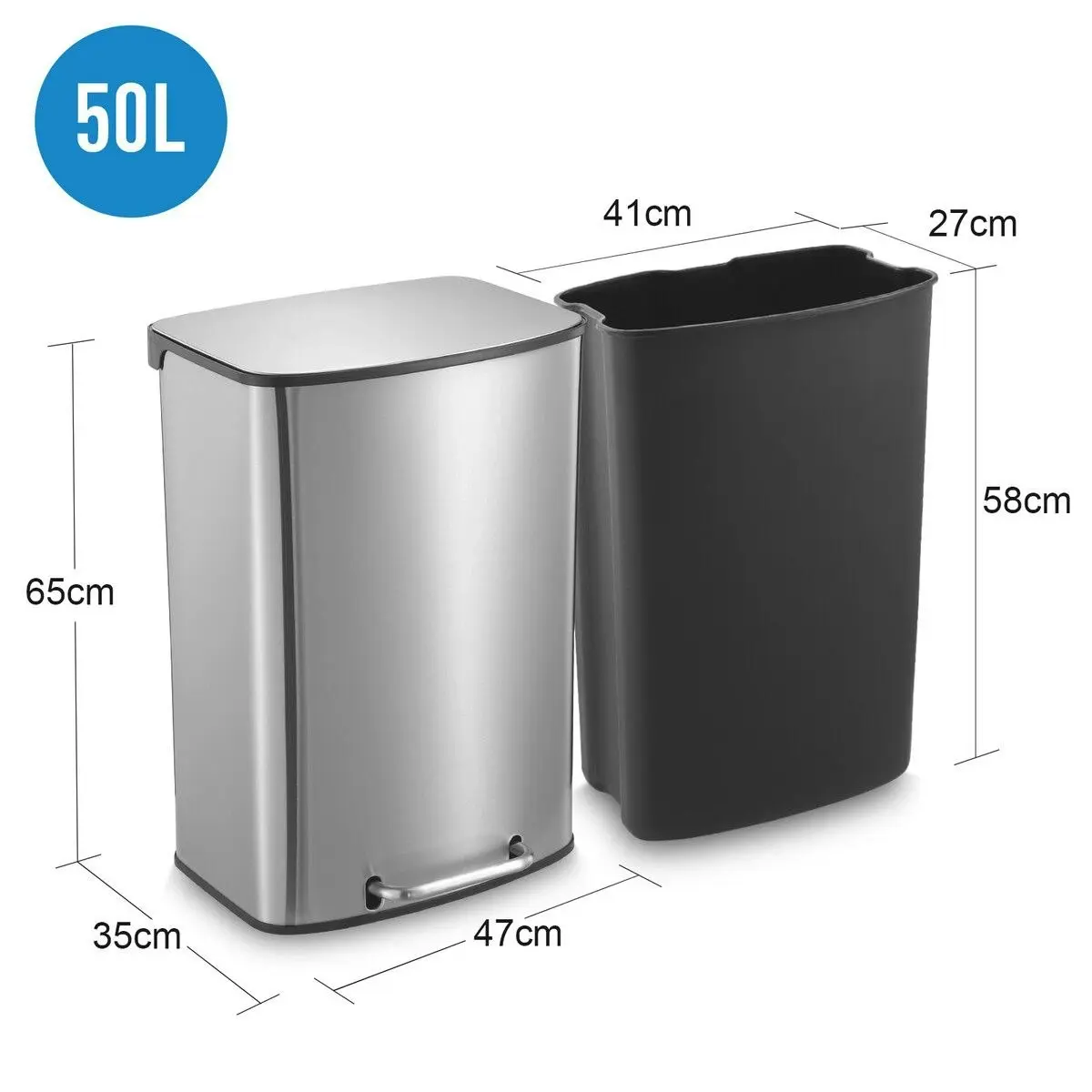 Maxkon 50L Pedal Bin Garbage Can Rubbish Recycling Trash Waste Stainless Steel Rectangular Trashcan Soft Closing Lid Kitchen House Indoor Office