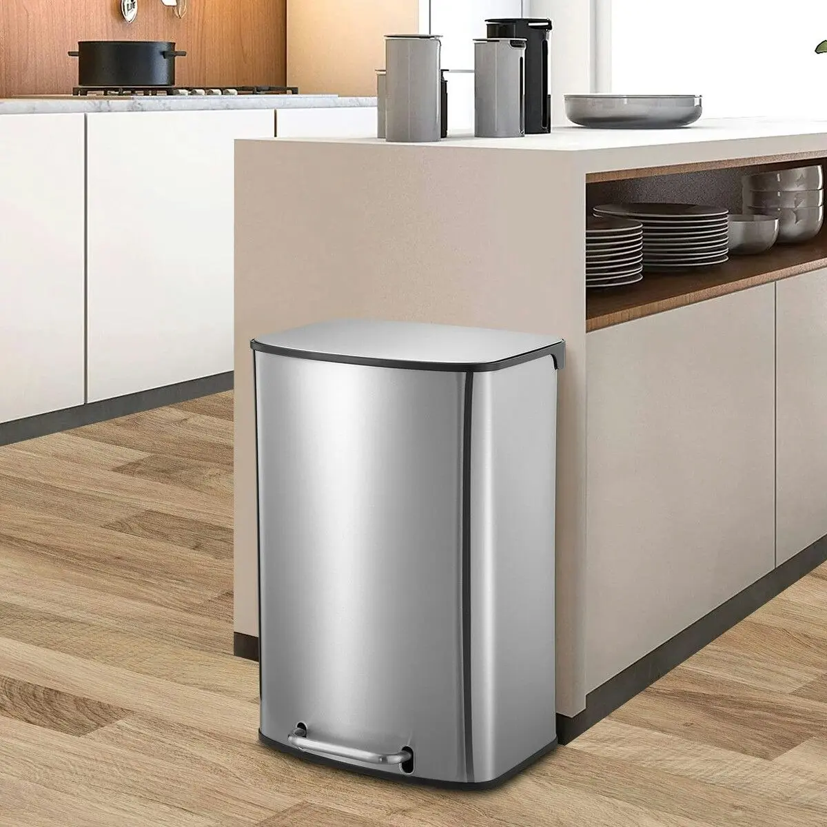 Maxkon 50L Pedal Bin Garbage Can Rubbish Recycling Trash Waste Stainless Steel Rectangular Trashcan Soft Closing Lid Kitchen House Indoor Office