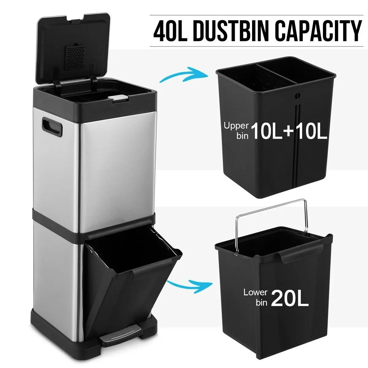 Maxkon 40L Rubbish Bin Dual Compartment Pedal Garbage Can Recycling Trash Waste Stainless Steel Trashcan Soft Closing Lid Kitchen