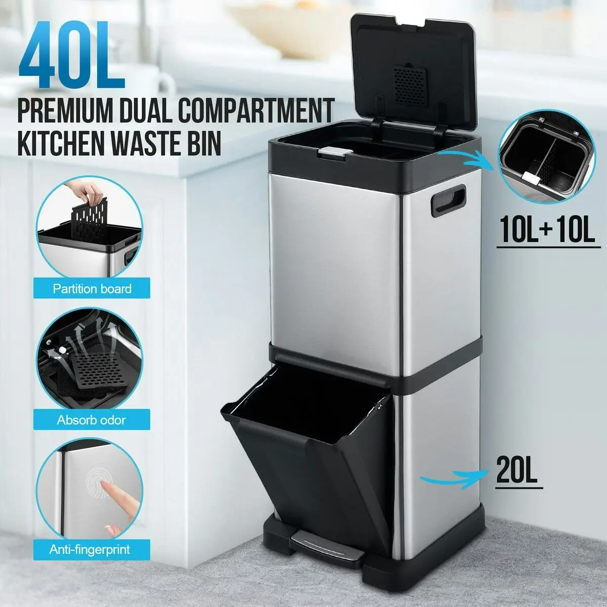 Maxkon 40L Rubbish Bin Dual Compartment Pedal Garbage Can Recycling Trash Waste Stainless Steel Trashcan Soft Closing Lid Kitchen