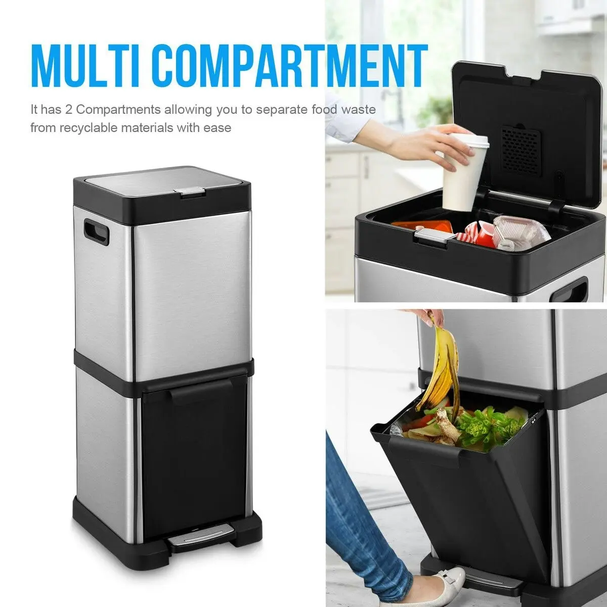 Maxkon 40L Rubbish Bin Dual Compartment Pedal Garbage Can Recycling Trash Waste Stainless Steel Trashcan Soft Closing Lid Kitchen