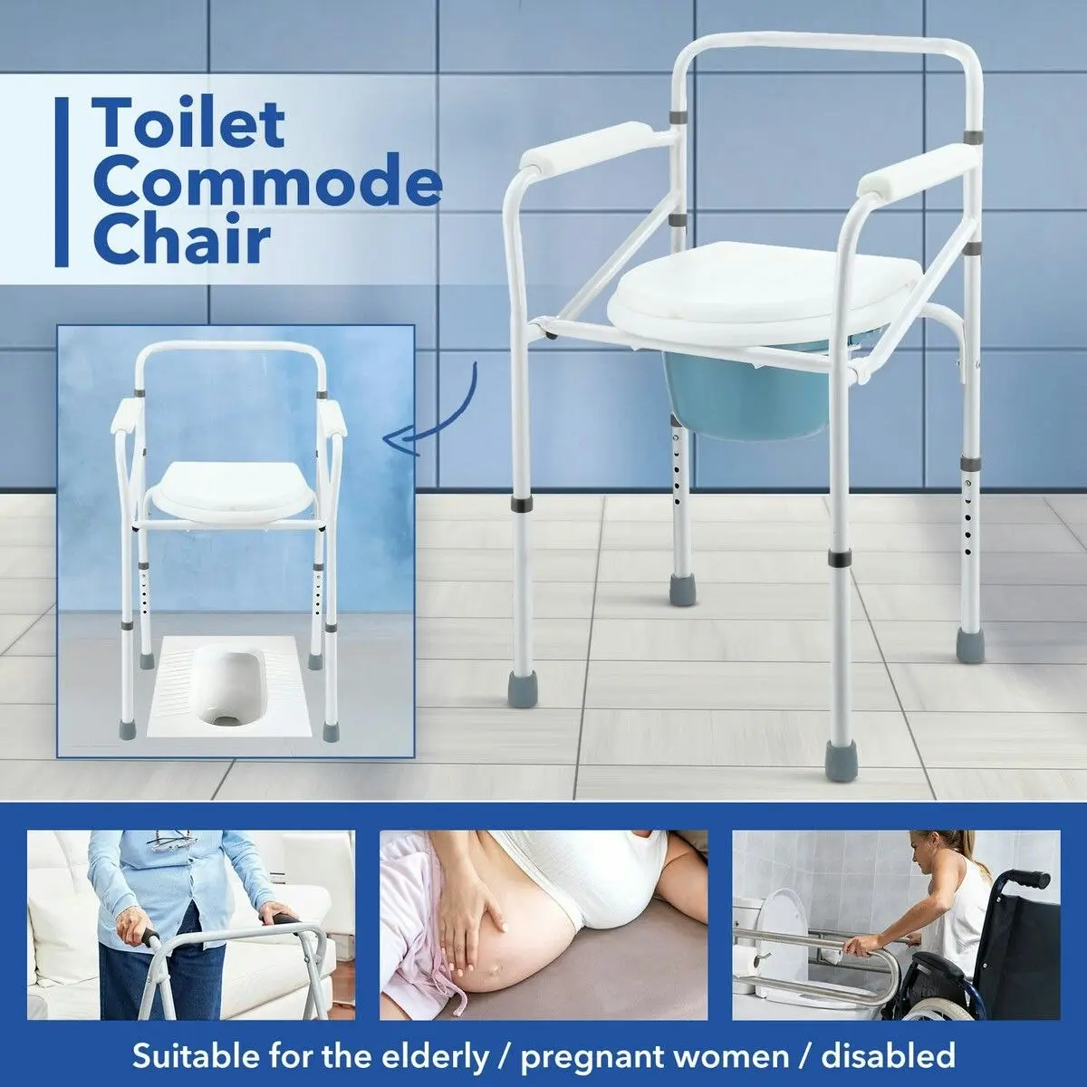 LUXSUITE Commode Shower Chair 3 In 1 Toilet Seat Wheelchair Bathroom Bedside Adjustable Seating Folding With Arms