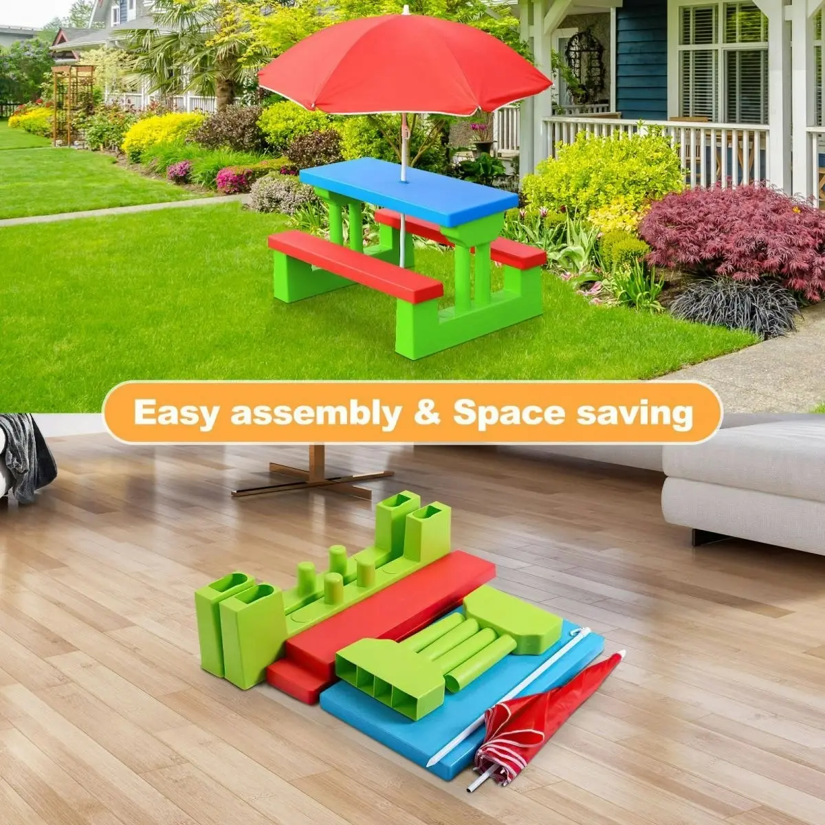 Ausway Outdoor Garden Kids Children Picnic Table Set Play Toy with Umbrella