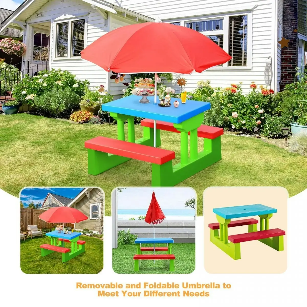 Ausway Outdoor Garden Kids Children Picnic Table Set Play Toy with Umbrella