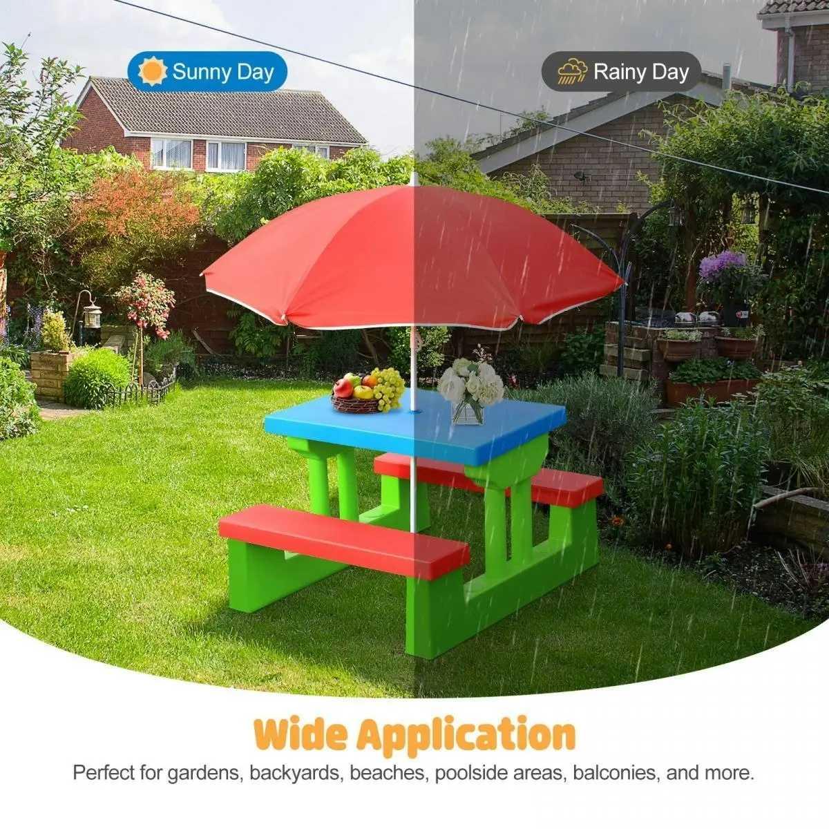 Ausway Outdoor Garden Kids Children Picnic Table Set Play Toy with Umbrella