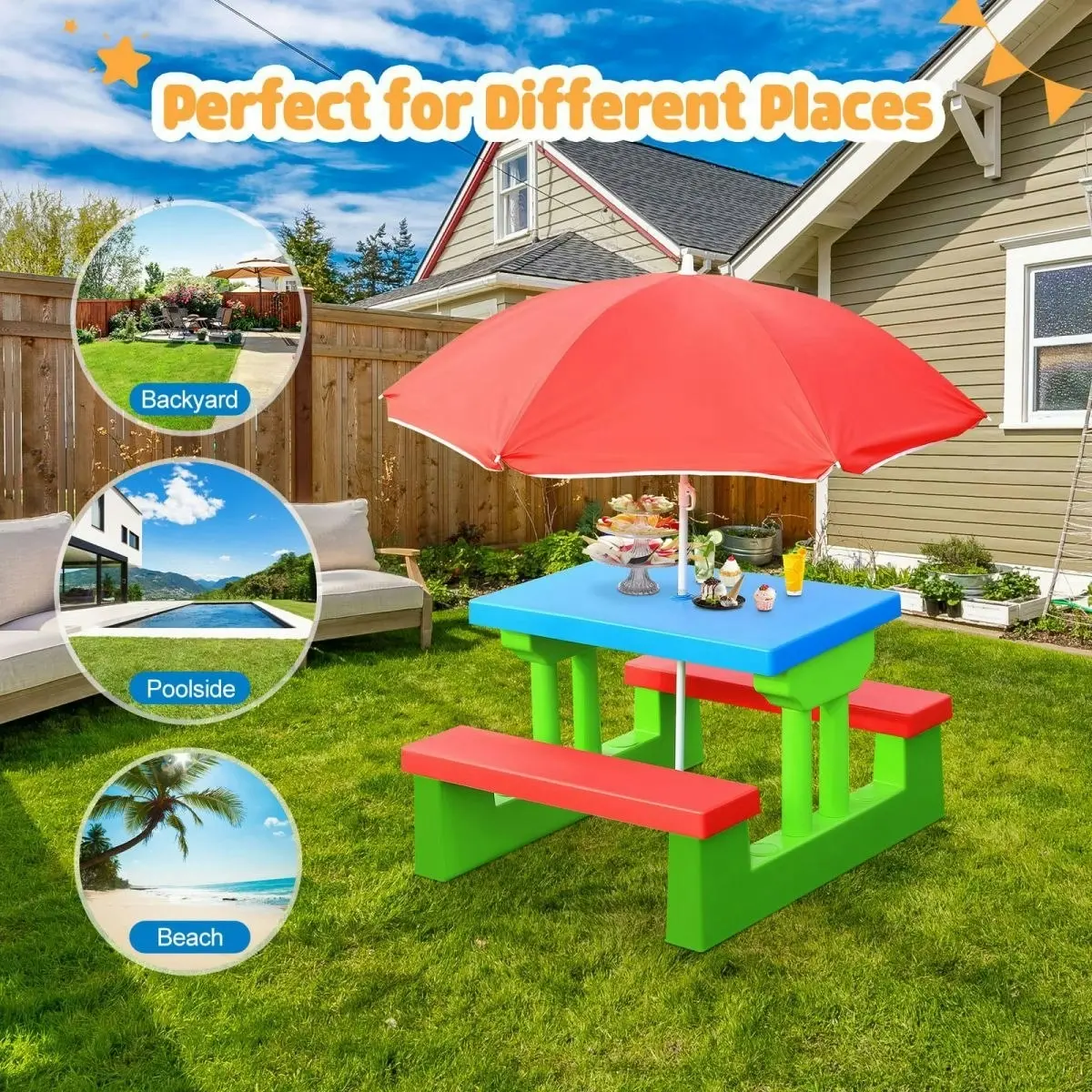 Ausway Outdoor Garden Kids Children Picnic Table Set Play Toy with Umbrella