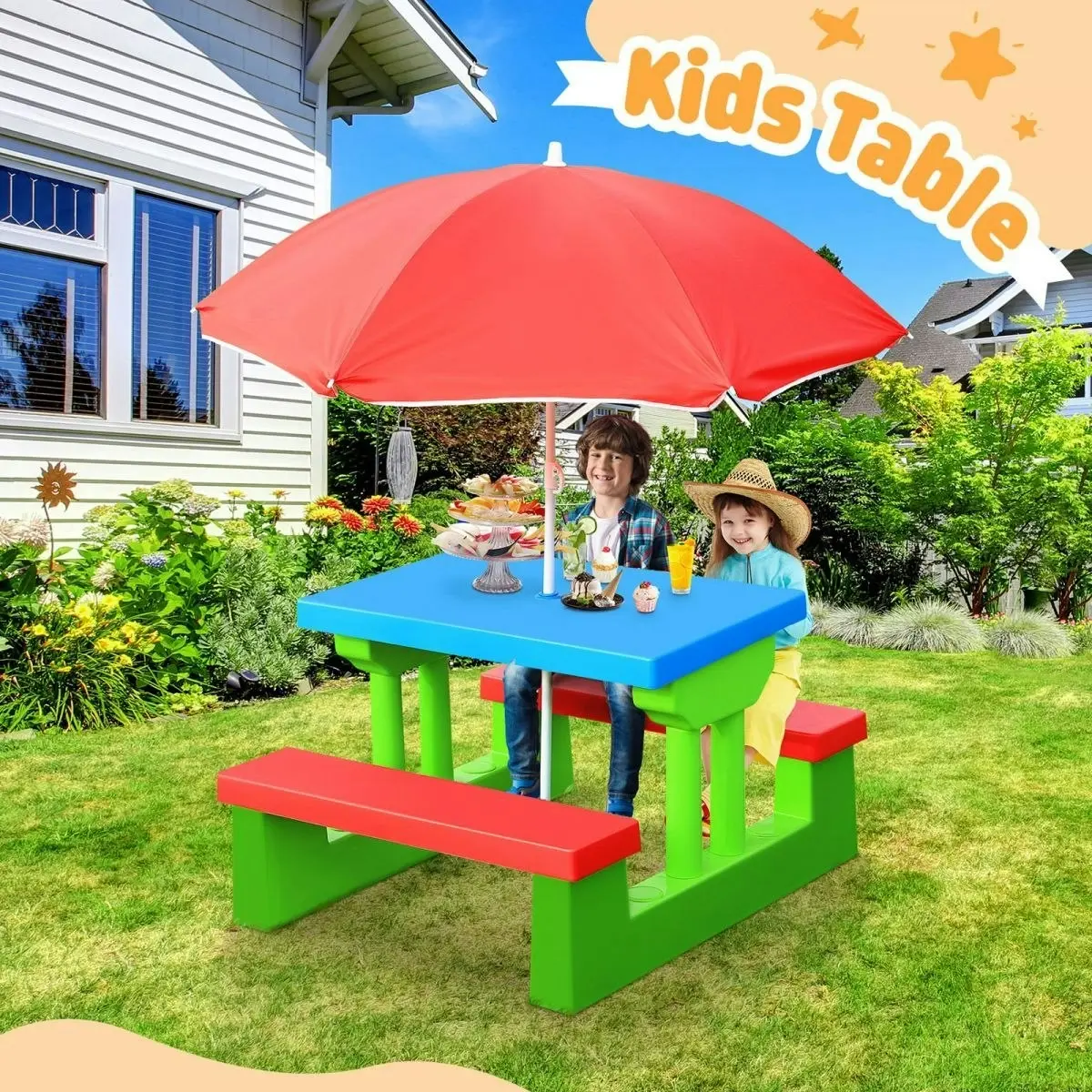 Ausway Outdoor Garden Kids Children Picnic Table Set Play Toy with Umbrella