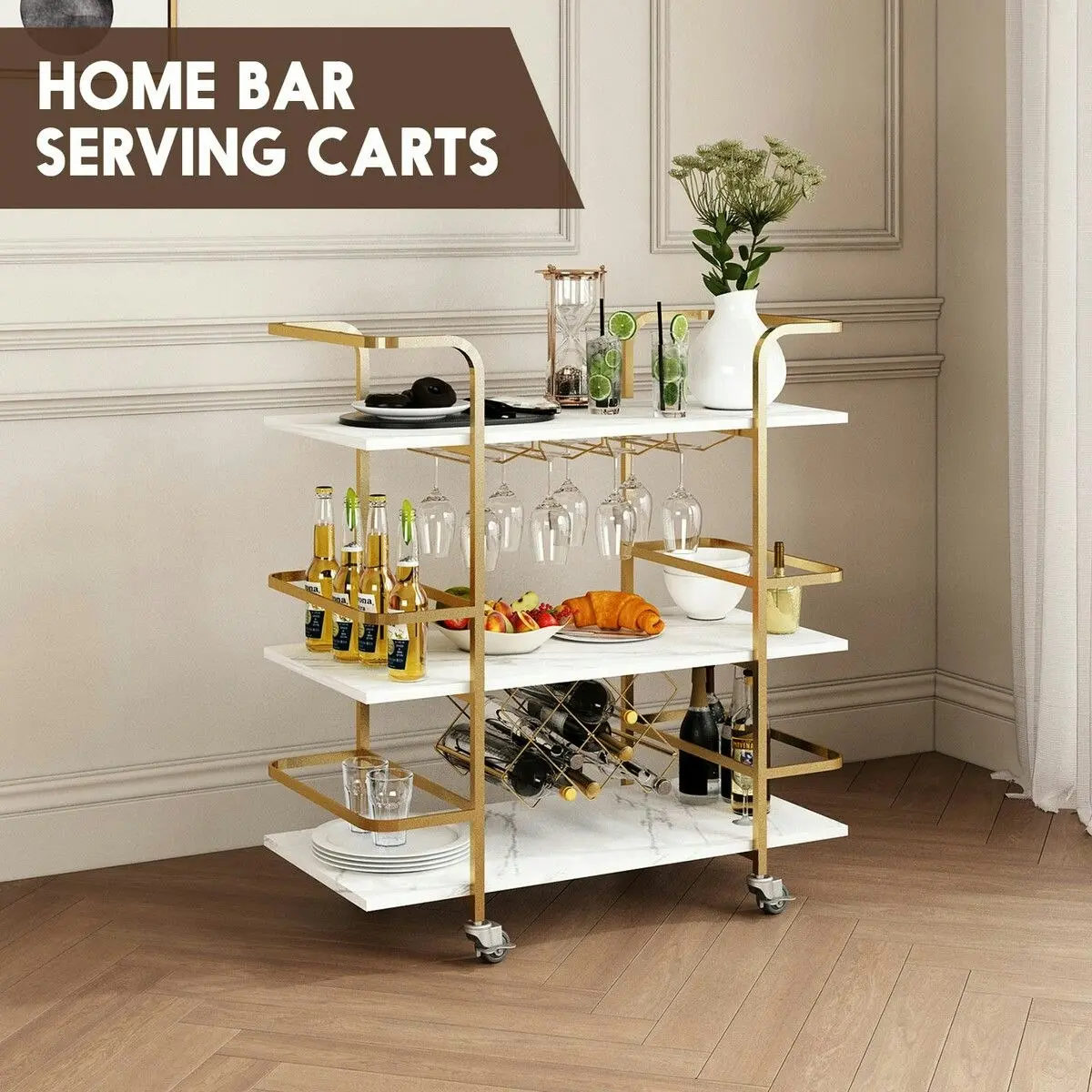 Ausway 3-Tier Bar Cart Rolling Serving Drinks Tea Coffee Wine Rack Glass Holder Mobile Trolley Outdoor Kitchen Storage Shelves