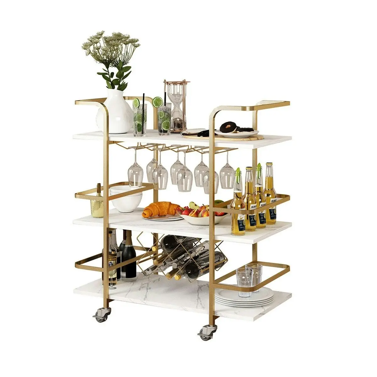 Ausway 3-Tier Bar Cart Rolling Serving Drinks Tea Coffee Wine Rack Glass Holder Mobile Trolley Outdoor Kitchen Storage Shelves