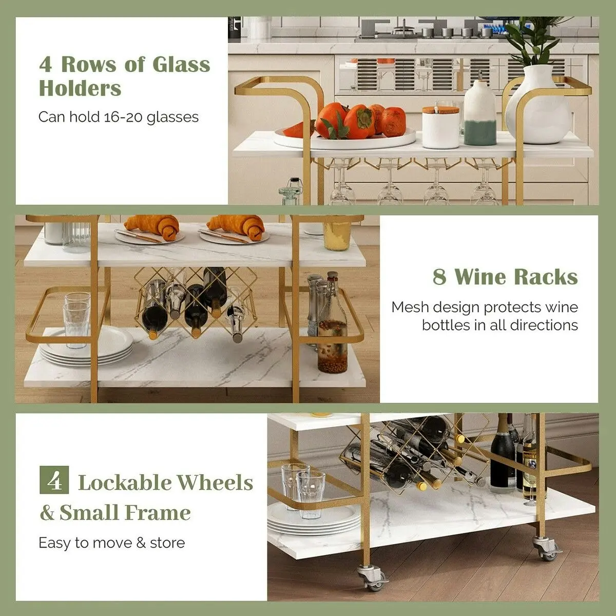 Ausway 3-Tier Bar Cart Rolling Serving Drinks Tea Coffee Wine Rack Glass Holder Mobile Trolley Outdoor Kitchen Storage Shelves