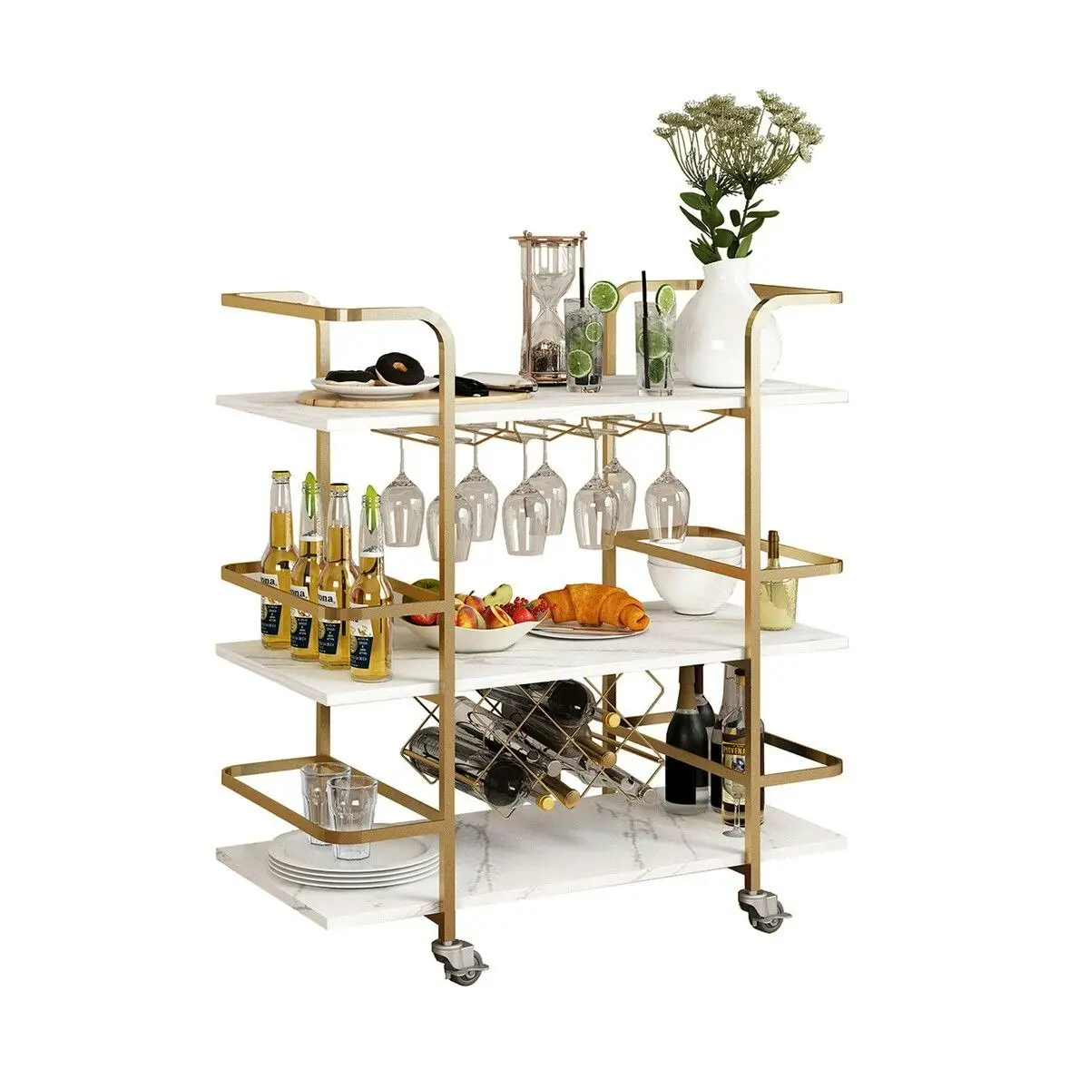 Ausway 3-Tier Bar Cart Rolling Serving Drinks Tea Coffee Wine Rack Glass Holder Mobile Trolley Outdoor Kitchen Storage Shelves