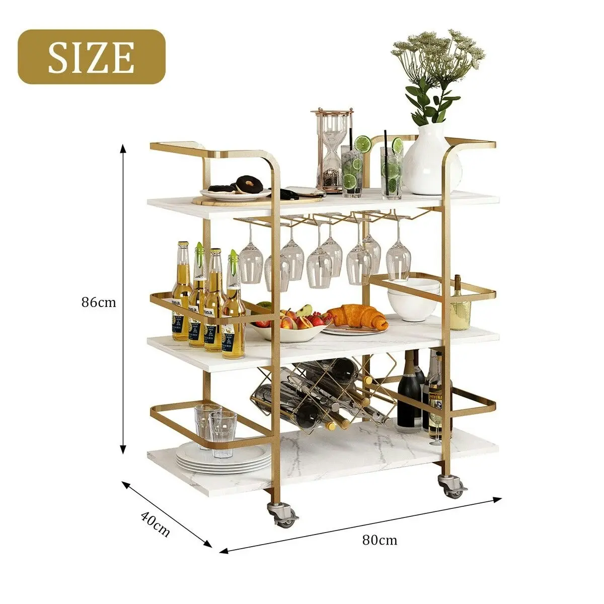 Ausway 3-Tier Bar Cart Rolling Serving Drinks Tea Coffee Wine Rack Glass Holder Mobile Trolley Outdoor Kitchen Storage Shelves