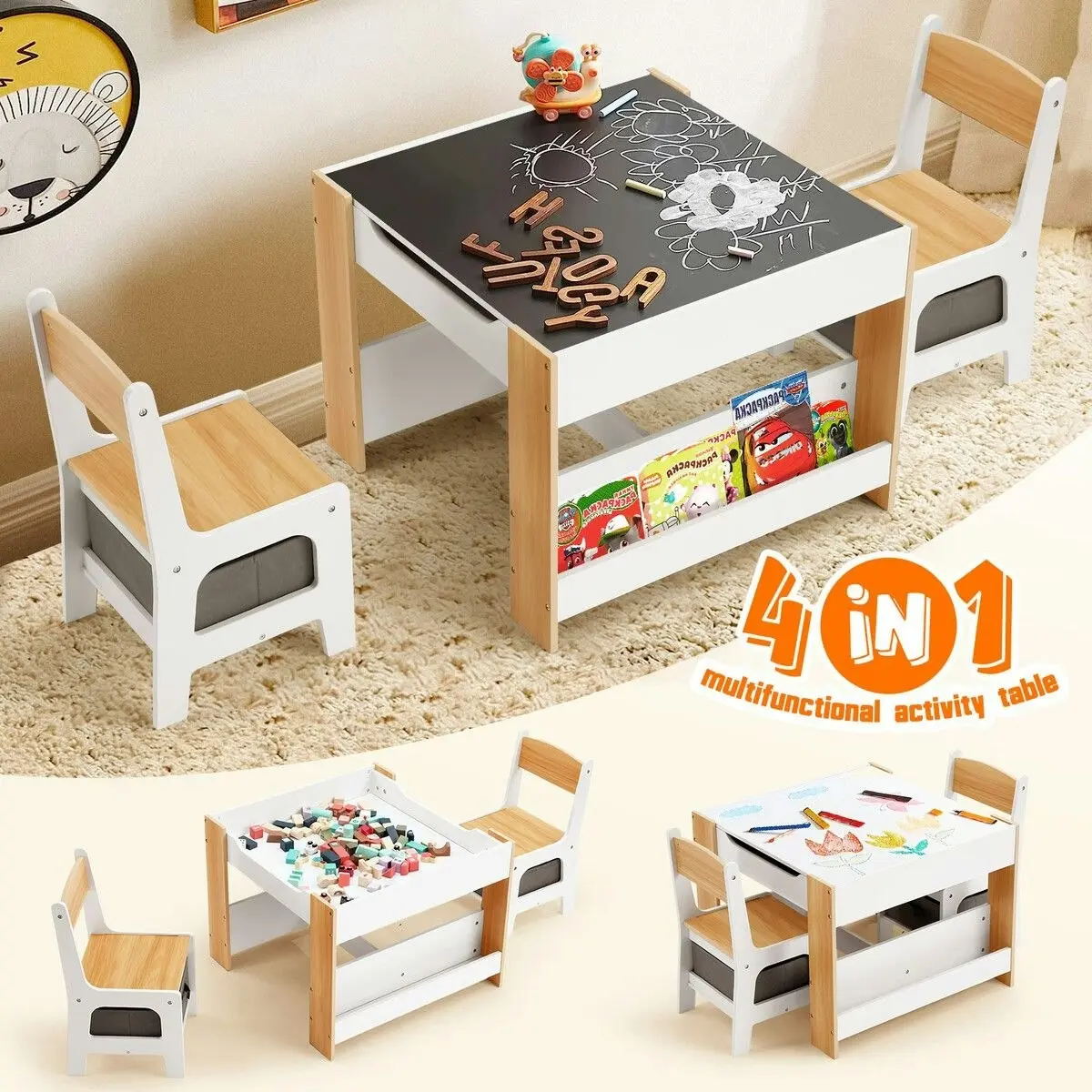 Kidbot 4 IN 1 Kids Table and Chairs Set Childrens Activity Centre Picnic Play Study Furniture Indoor Outdoor Drawing Art Gaming Craft Book Storage Desk