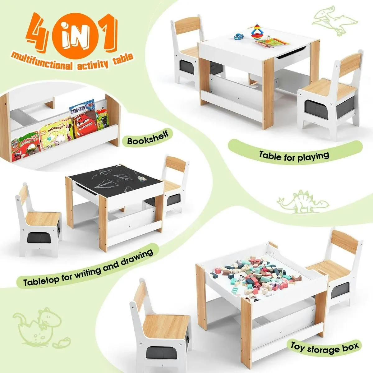 Kidbot 4 IN 1 Kids Table and Chairs Set Childrens Activity Centre Picnic Play Study Furniture Indoor Outdoor Drawing Art Gaming Craft Book Storage Desk