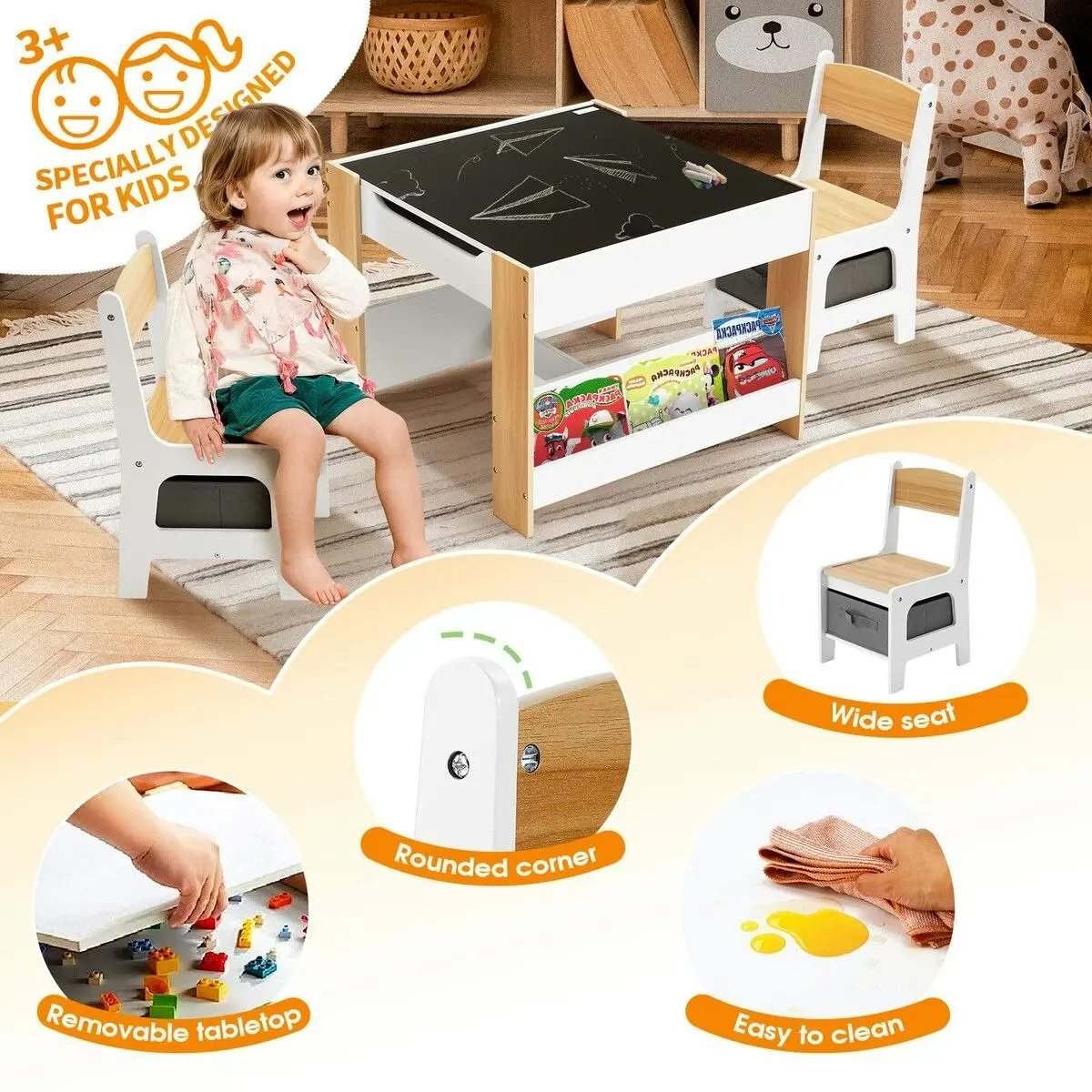 Kidbot 4 IN 1 Kids Table and Chairs Set Childrens Activity Centre Picnic Play Study Furniture Indoor Outdoor Drawing Art Gaming Craft Book Storage Desk