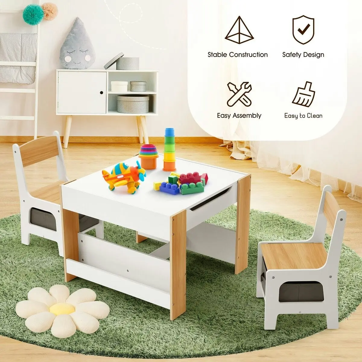 Kidbot 4 IN 1 Kids Table and Chairs Set Childrens Activity Centre Picnic Play Study Furniture Indoor Outdoor Drawing Art Gaming Craft Book Storage Desk