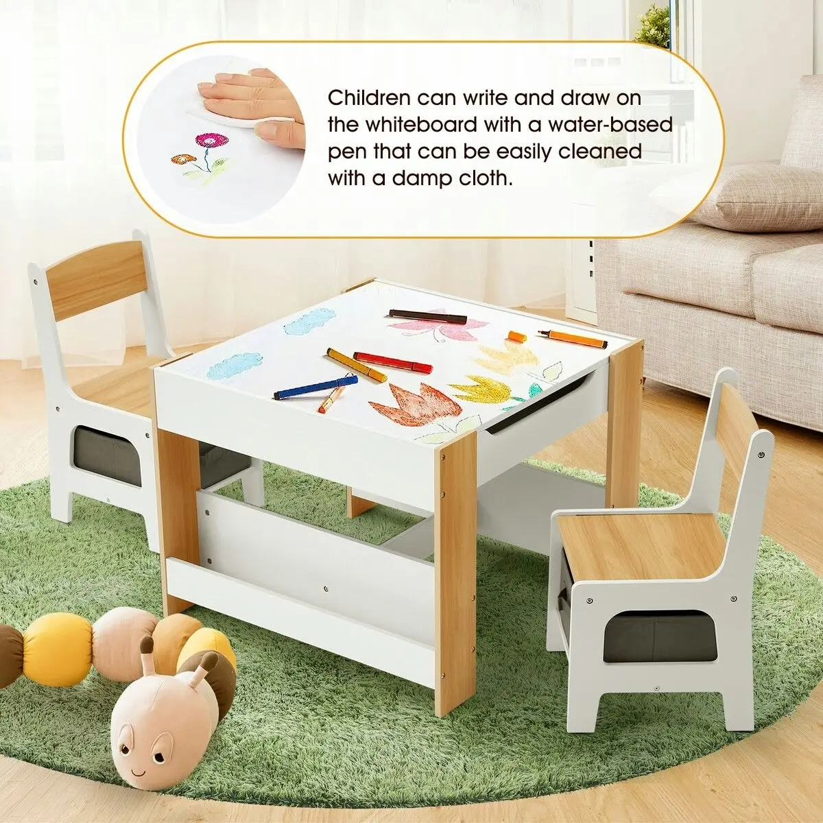 Kidbot 4 IN 1 Kids Table and Chairs Set Childrens Activity Centre Picnic Play Study Furniture Indoor Outdoor Drawing Art Gaming Craft Book Storage Desk