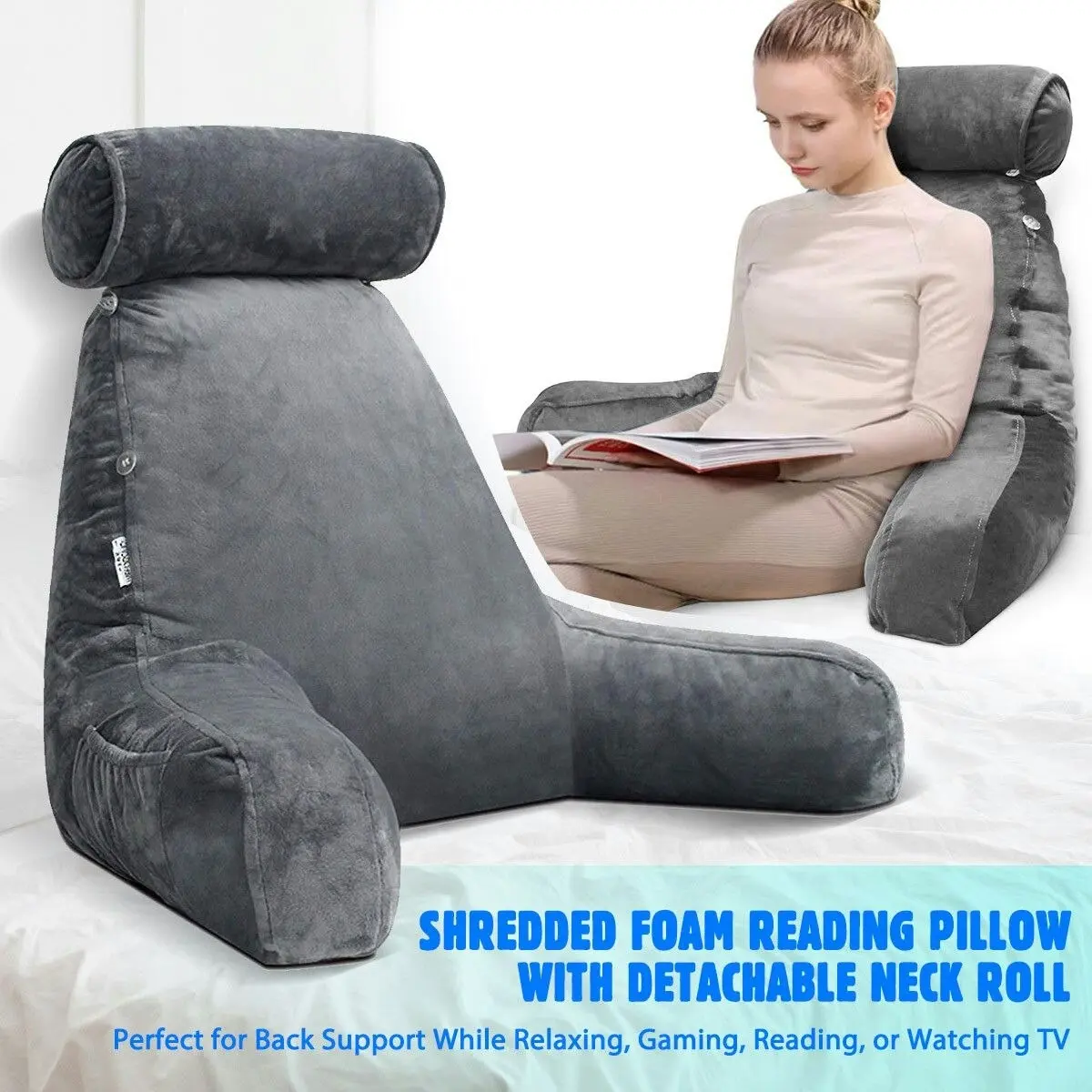 Ausway Bed Reading Pillow Husband Cushion Backrest Detachable Neck Roll Shredded Memory Foam Gray