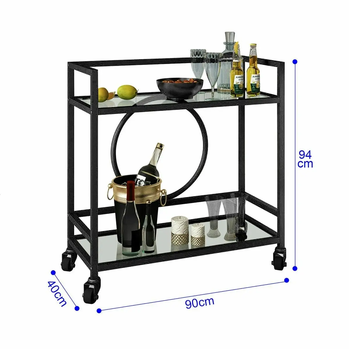 Ausway Black Bar Cart Trolley Drink Coffee Serving Liquor Tea Wine Cocktail Alcohol Whiskey Trolly Beverage 4 Rolling Wheels 2 Trays Tempered Glass