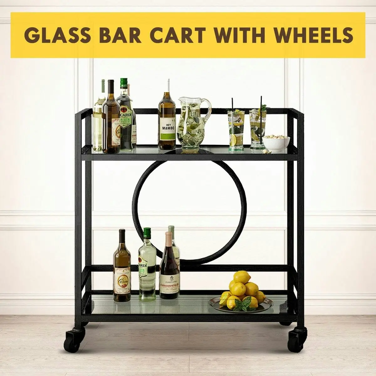 Ausway Black Bar Cart Trolley Drink Coffee Serving Liquor Tea Wine Cocktail Alcohol Whiskey Trolly Beverage 4 Rolling Wheels 2 Trays Tempered Glass