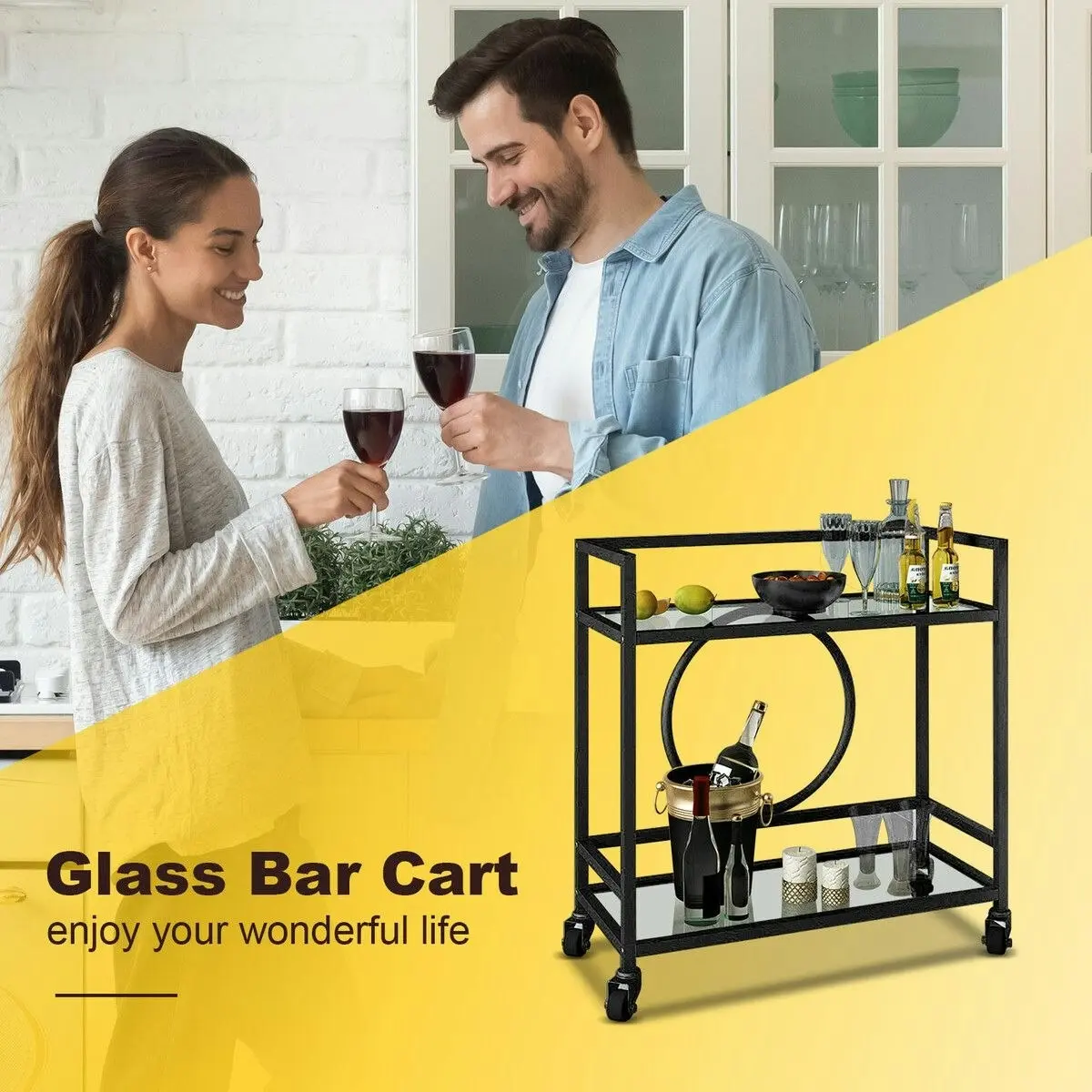 Ausway Black Bar Cart Trolley Drink Coffee Serving Liquor Tea Wine Cocktail Alcohol Whiskey Trolly Beverage 4 Rolling Wheels 2 Trays Tempered Glass