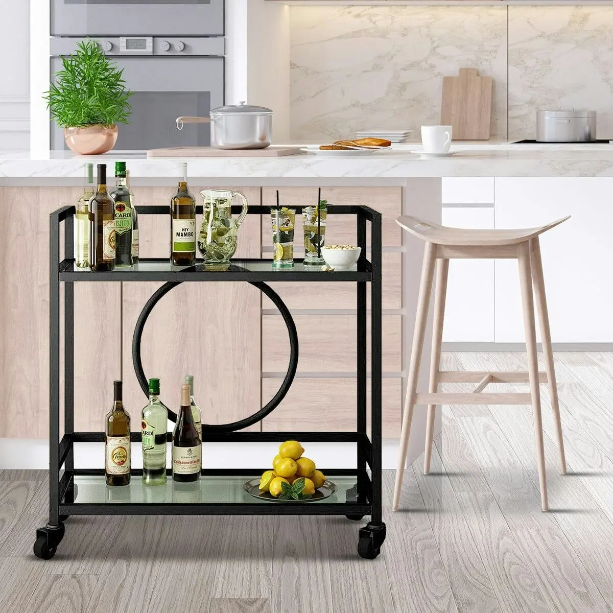 Ausway Black Bar Cart Trolley Drink Coffee Serving Liquor Tea Wine Cocktail Alcohol Whiskey Trolly Beverage 4 Rolling Wheels 2 Trays Tempered Glass