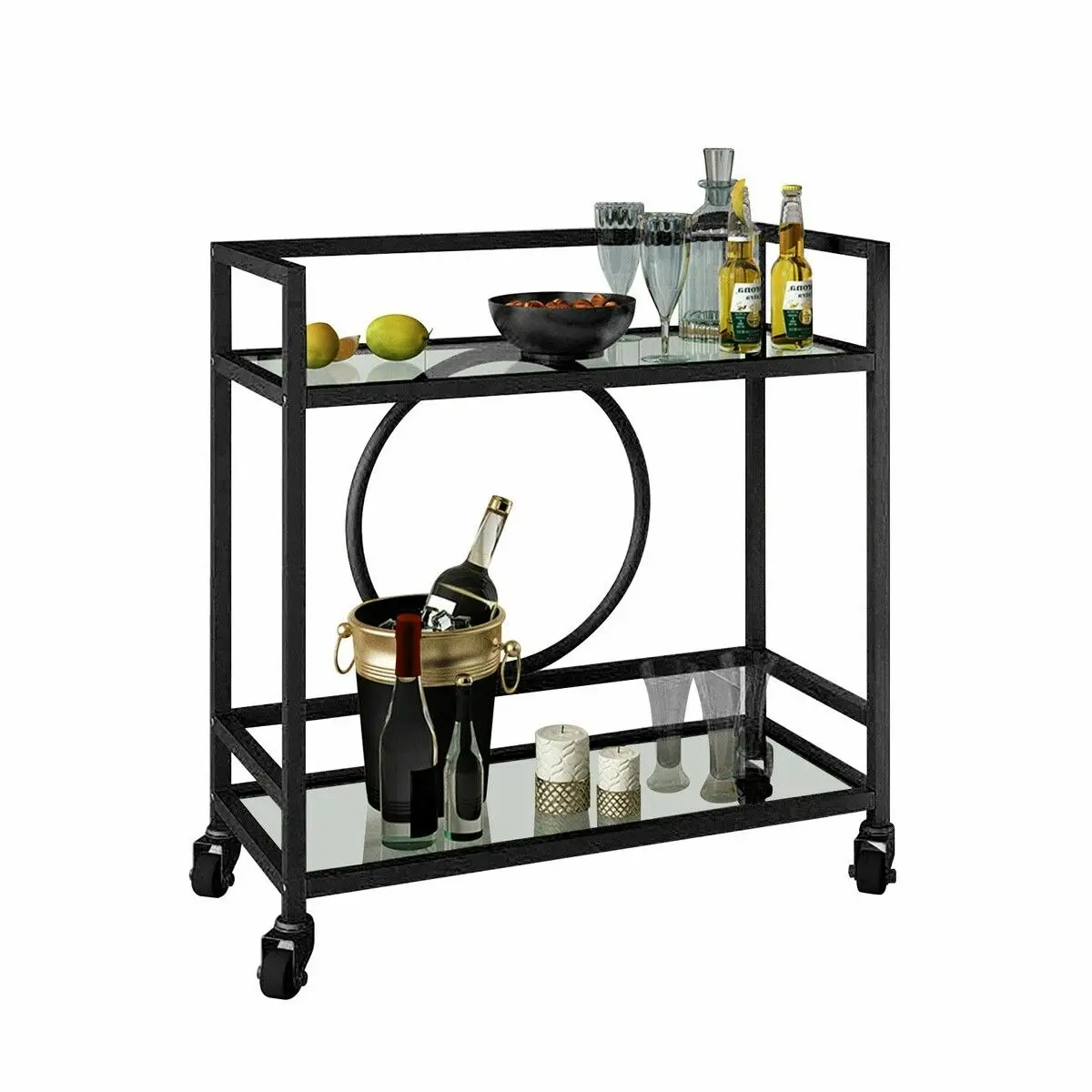 Ausway Black Bar Cart Trolley Drink Coffee Serving Liquor Tea Wine Cocktail Alcohol Whiskey Trolly Beverage 4 Rolling Wheels 2 Trays Tempered Glass