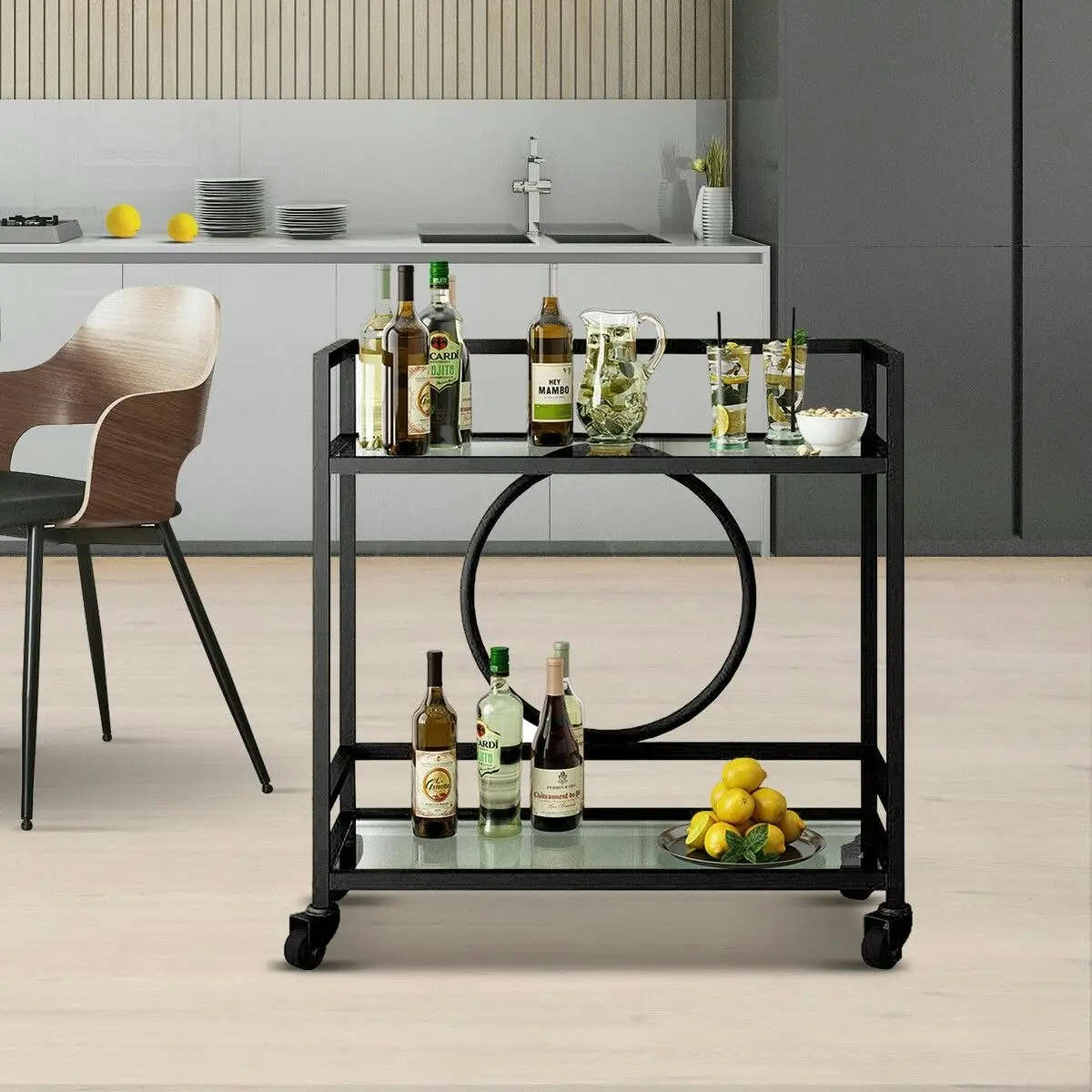 Ausway Black Bar Cart Trolley Drink Coffee Serving Liquor Tea Wine Cocktail Alcohol Whiskey Trolly Beverage 4 Rolling Wheels 2 Trays Tempered Glass