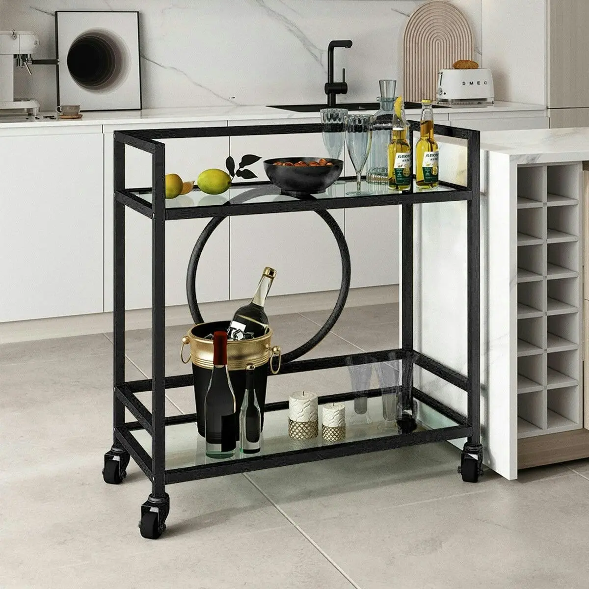 Ausway Black Bar Cart Trolley Drink Coffee Serving Liquor Tea Wine Cocktail Alcohol Whiskey Trolly Beverage 4 Rolling Wheels 2 Trays Tempered Glass