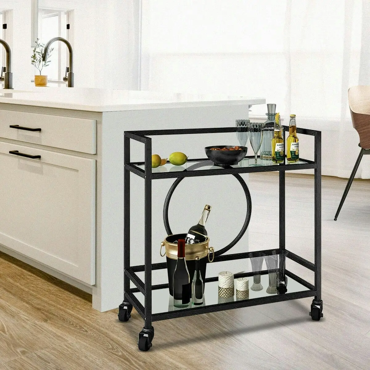 Ausway Black Bar Cart Trolley Drink Coffee Serving Liquor Tea Wine Cocktail Alcohol Whiskey Trolly Beverage 4 Rolling Wheels 2 Trays Tempered Glass