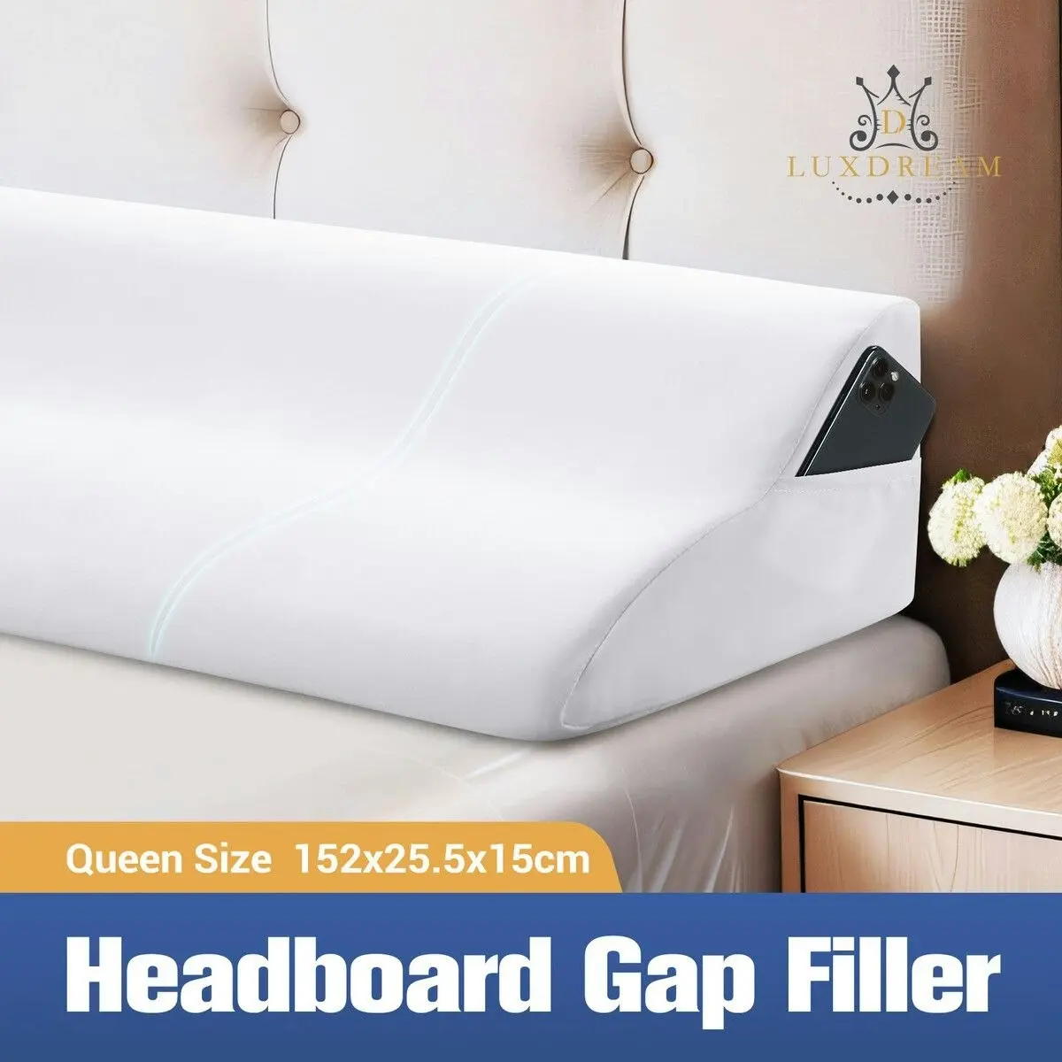 Luxdream Bed Wedge Pillow Gap Filler Stopper Headboard Mattress Queen Size Foam Bedrest Comfortable Support Cushion Side Storage White 152x25.5x15cm