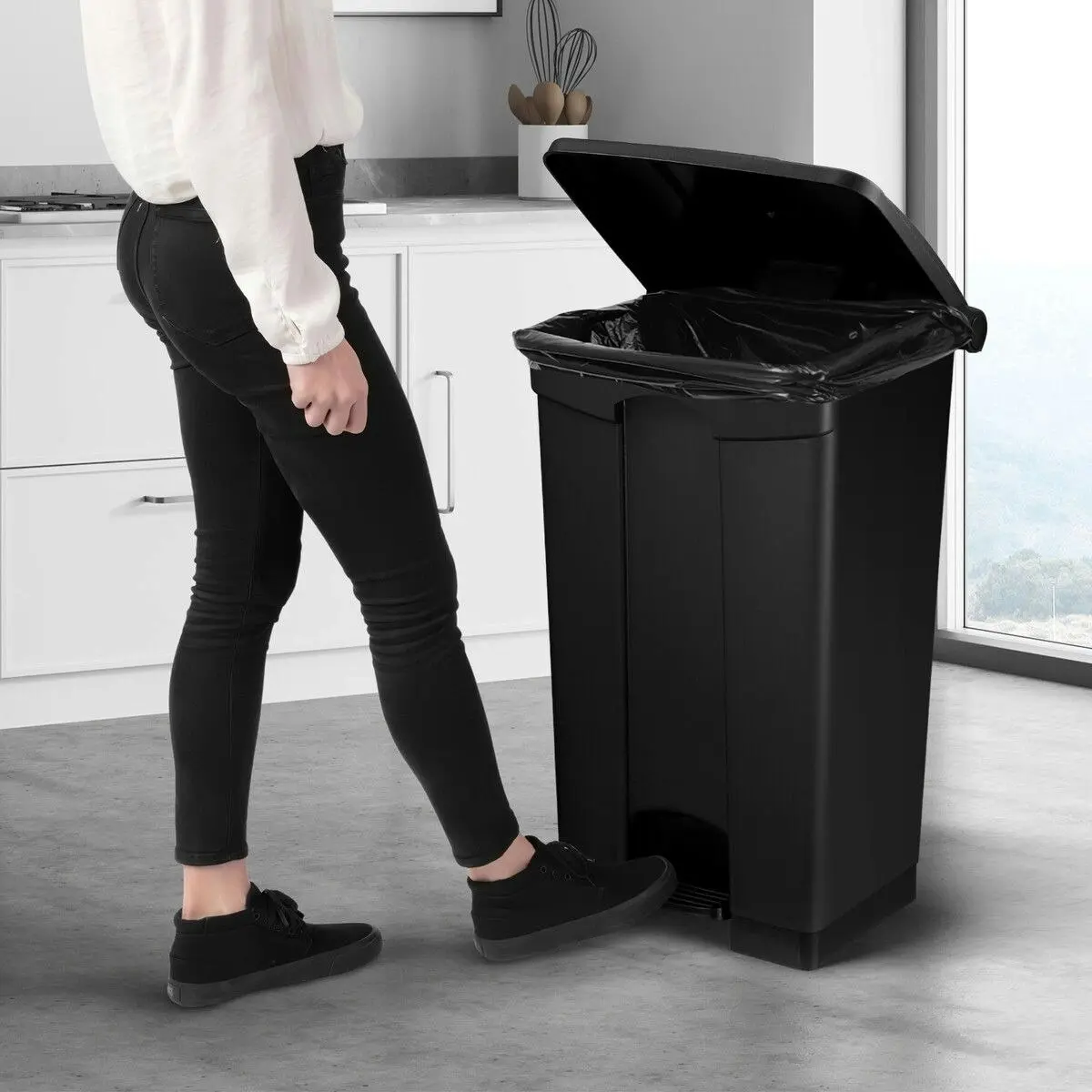 LUXSUITE 68L Rubbish Bin Kitchen Compost Dustbin Garbage Trash Waste Recycling Can Pedal Garden Home Office Large Plastic Black