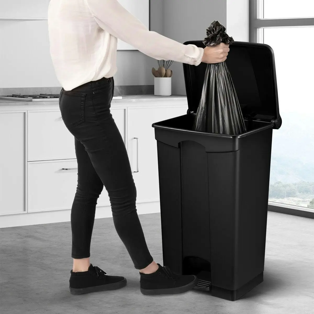 LUXSUITE 68L Rubbish Bin Kitchen Compost Dustbin Garbage Trash Waste Recycling Can Pedal Garden Home Office Large Plastic Black