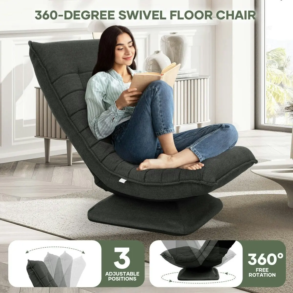 Ausway Floor Sofa Bed Chair Couch Lounge Recliner Folding 360 Degree Swivel Lazy Lounger Adjustable Chaise Ground Seat