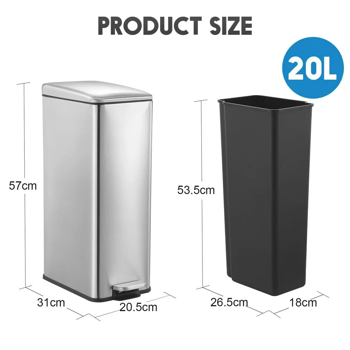 Maxkon Small Garbage Can Rubbish Pedal Bin Recycling Trash Waste Stainless Steel Rectangular Trashcan Soft Closing Kitchen House Indoor 20L