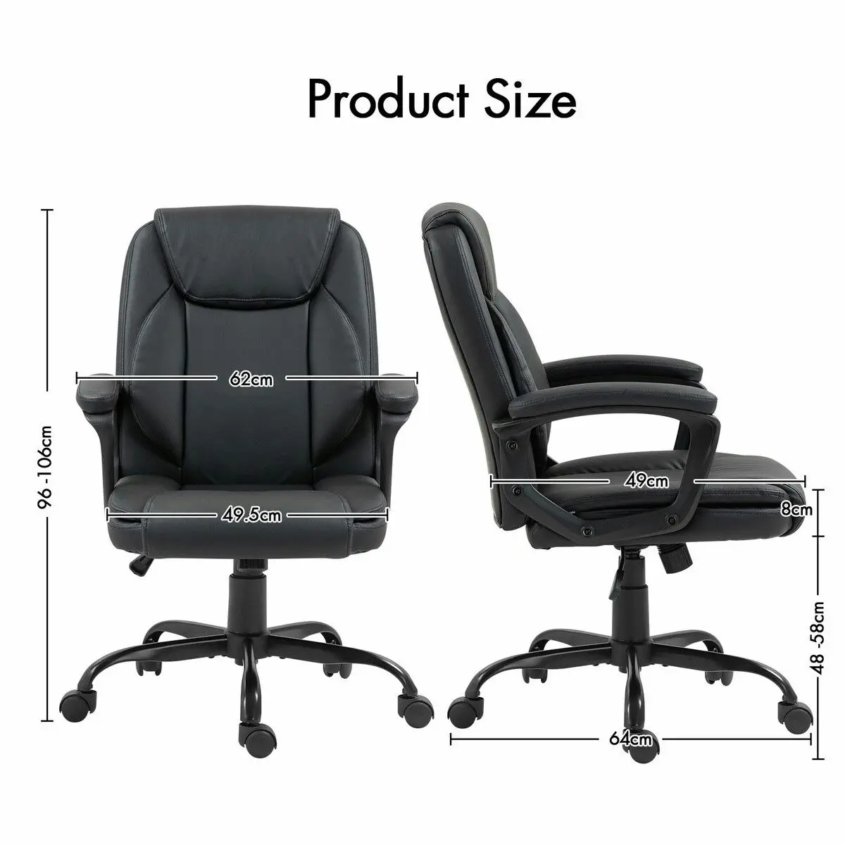 Neader Ergonomic Office Chair Computer Study Executive Desk Armchair Home Work Reclining Adjustable Swivel Recliner PU Black