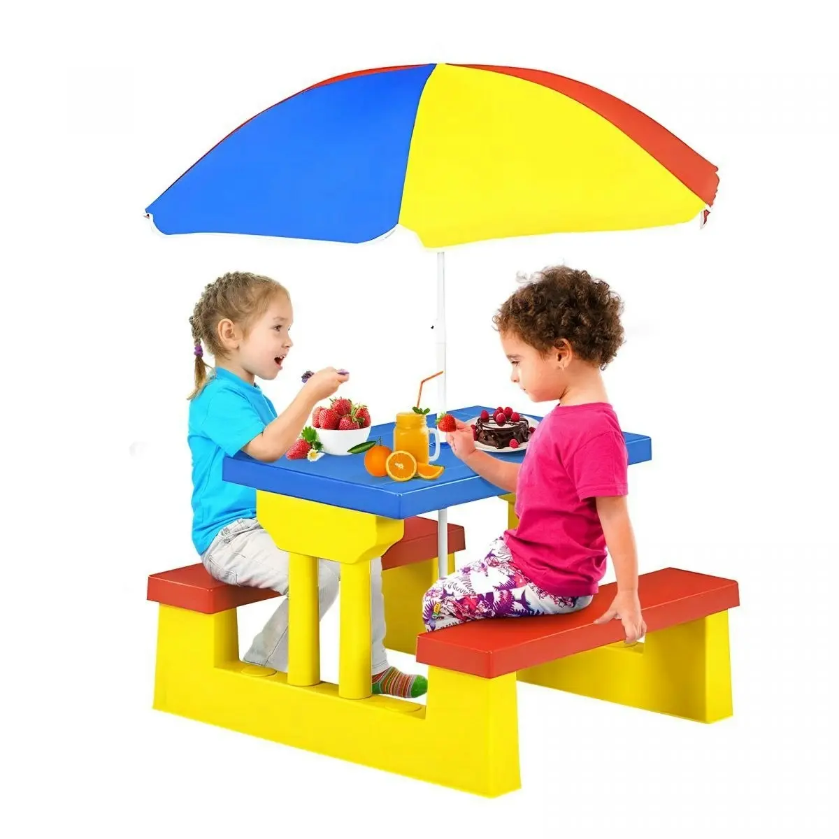 Ausway Kids Table and Chairs Toddler Childrens Picnic Activity Desk Outdoor Play Bench Set Furniture Portable Plastic with Umbrella